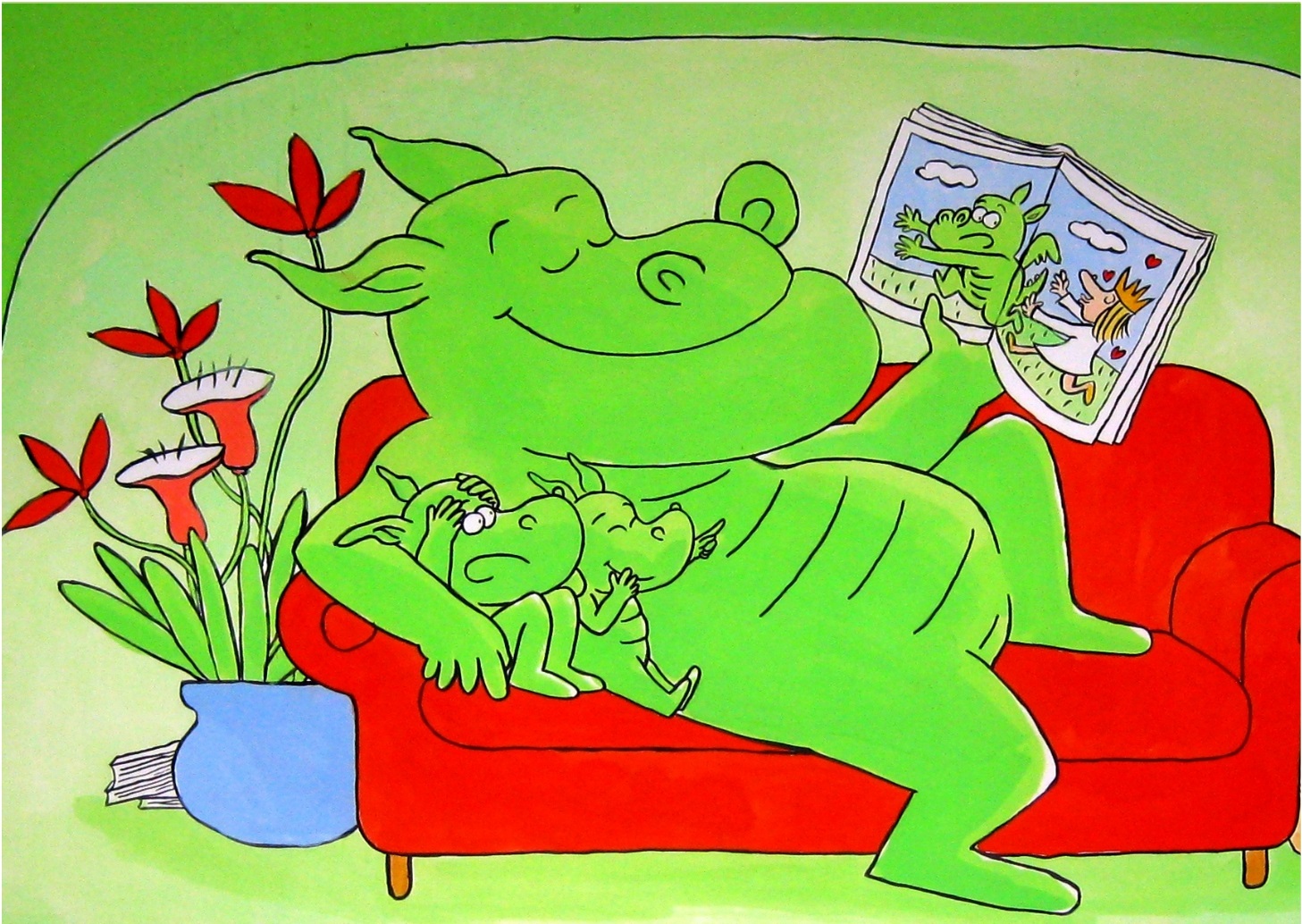Dragon lisant un livre à ses enfants
