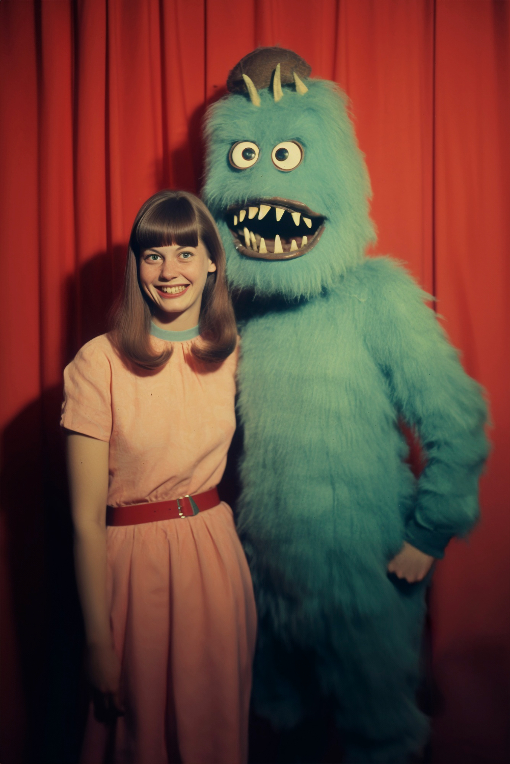 Photo d'une jeune fille posant à côté d'un monstre