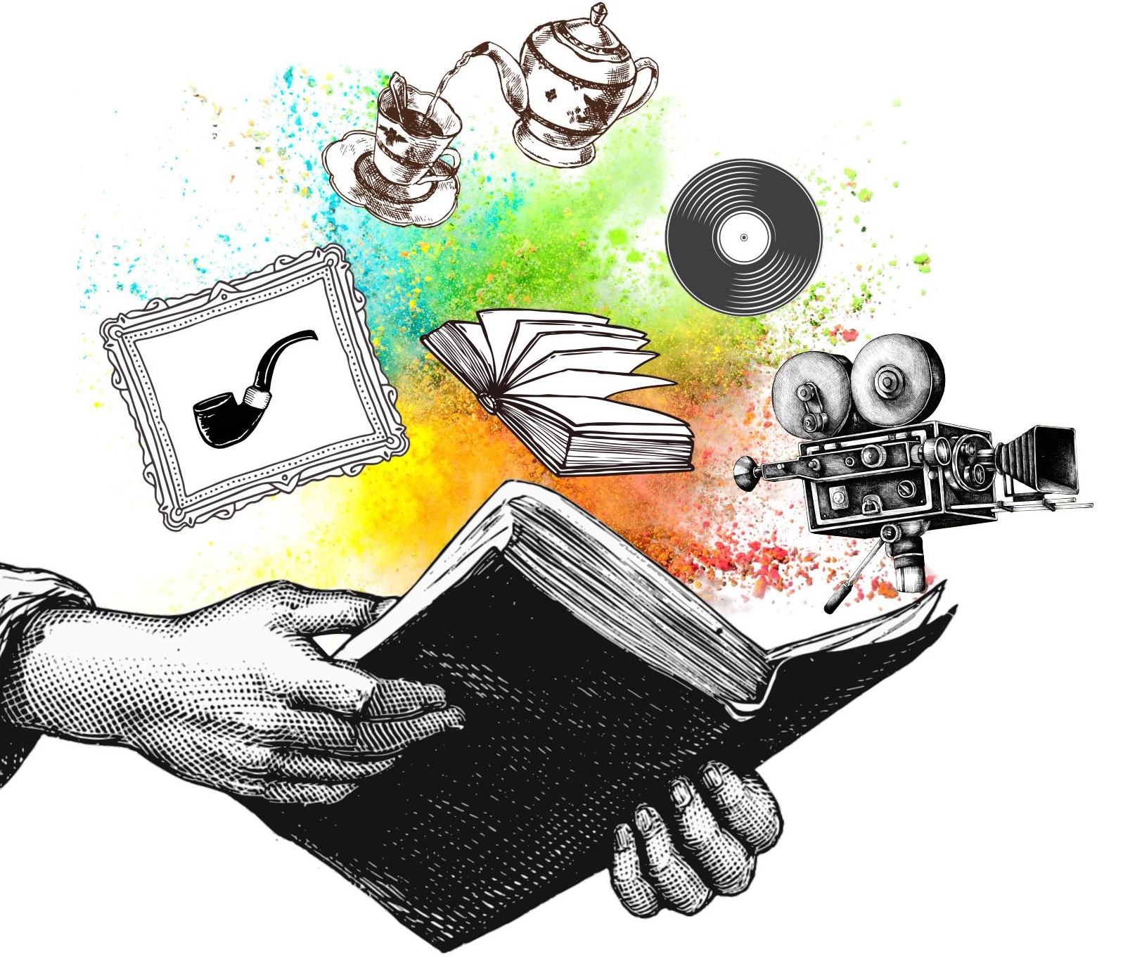 Illustration d'un livre d'où sortent un tableau, un CD, une tasse de café...