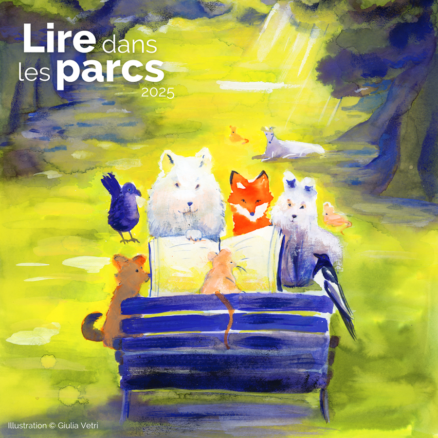 Animaux dans un parc profitant d'une lecture