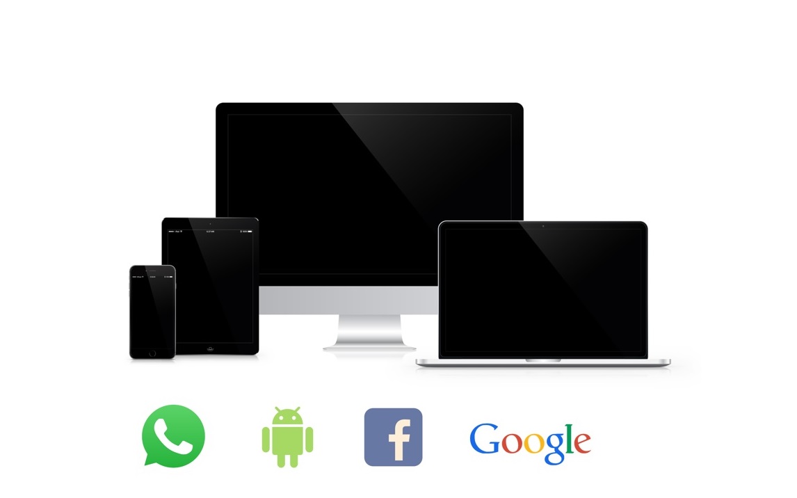 Ecrans de téléphone, ordinateur, tablette avec les logos facebook, google...