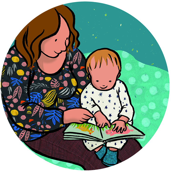 Illustration d'une maman et d'un bébé occupés à lire un livre