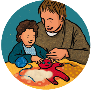 Illustration d'un papa et d'un enfant en train d'assembler un doudou