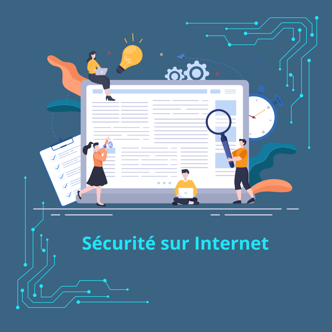 Fond bleu avec un ordinateur et des gens qui gravitent autour
