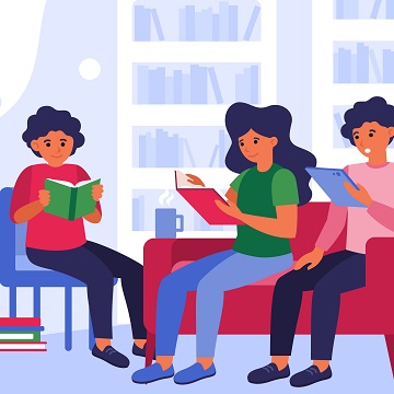 Personnes rassemblées devant une bibliothèque et discutant