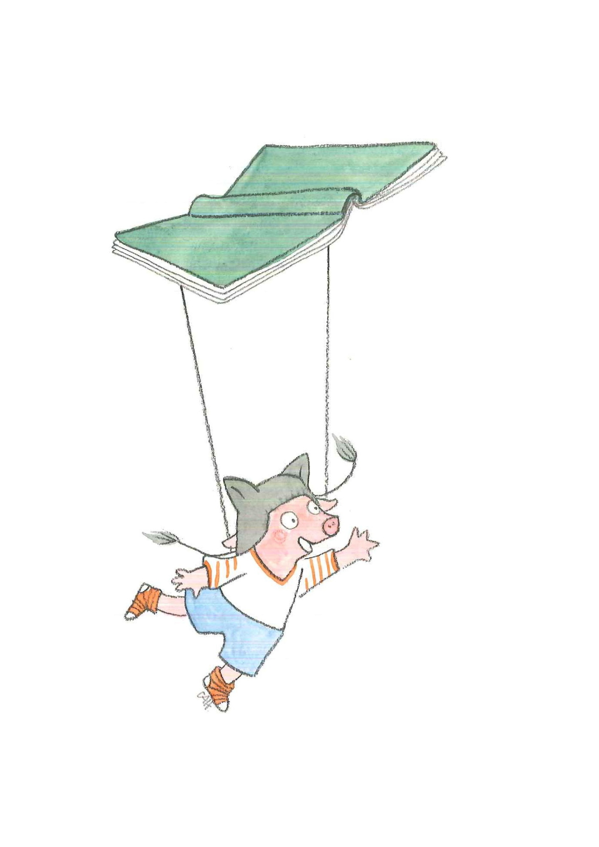 Dessin de cochon qui vole attaché à un livre