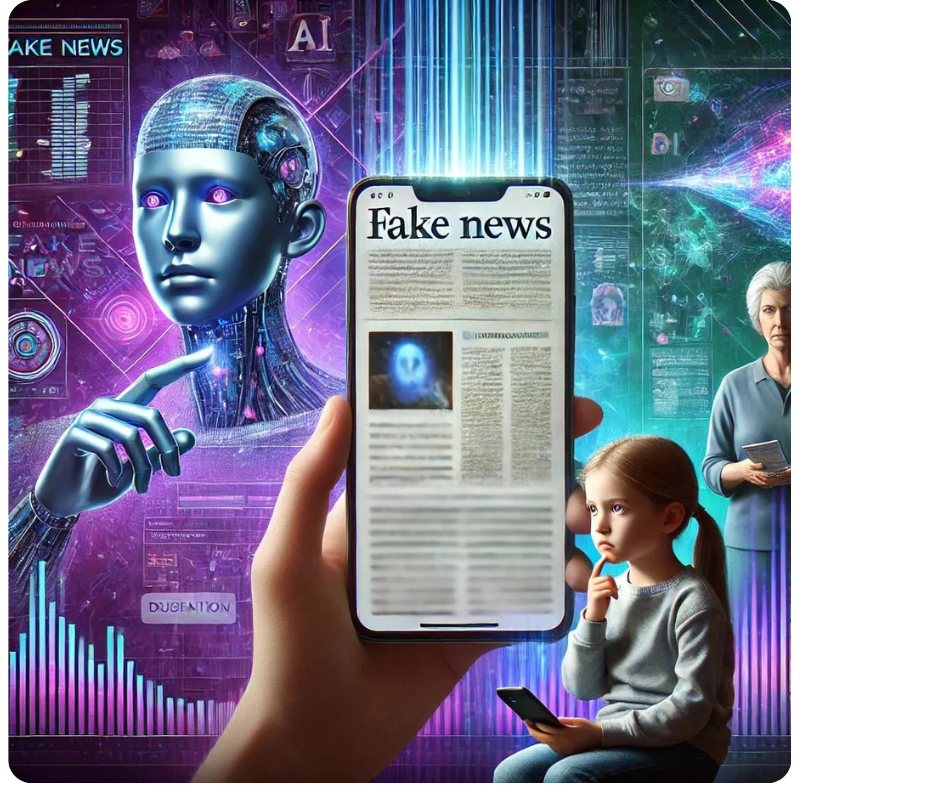 Une image de synthèse qui représente l'IA et les fake news