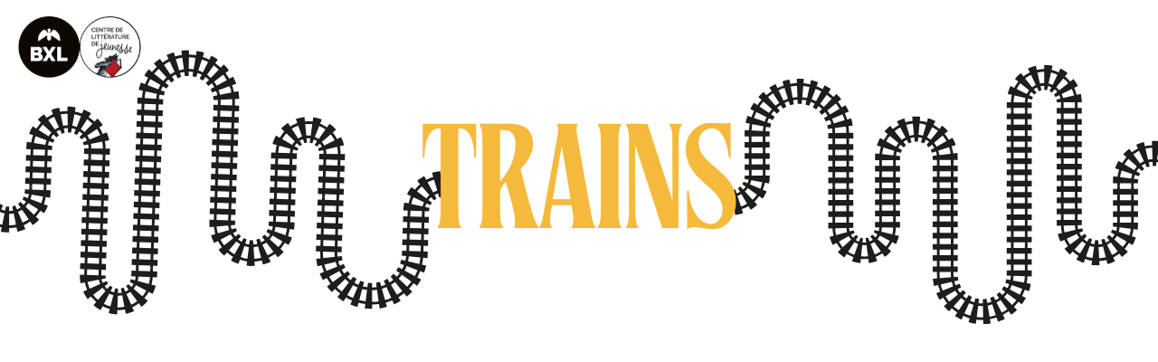 Illustration de couverture de la bibliographie "Trains", un tracé de rails en dessin avec le titre Trains au milieu