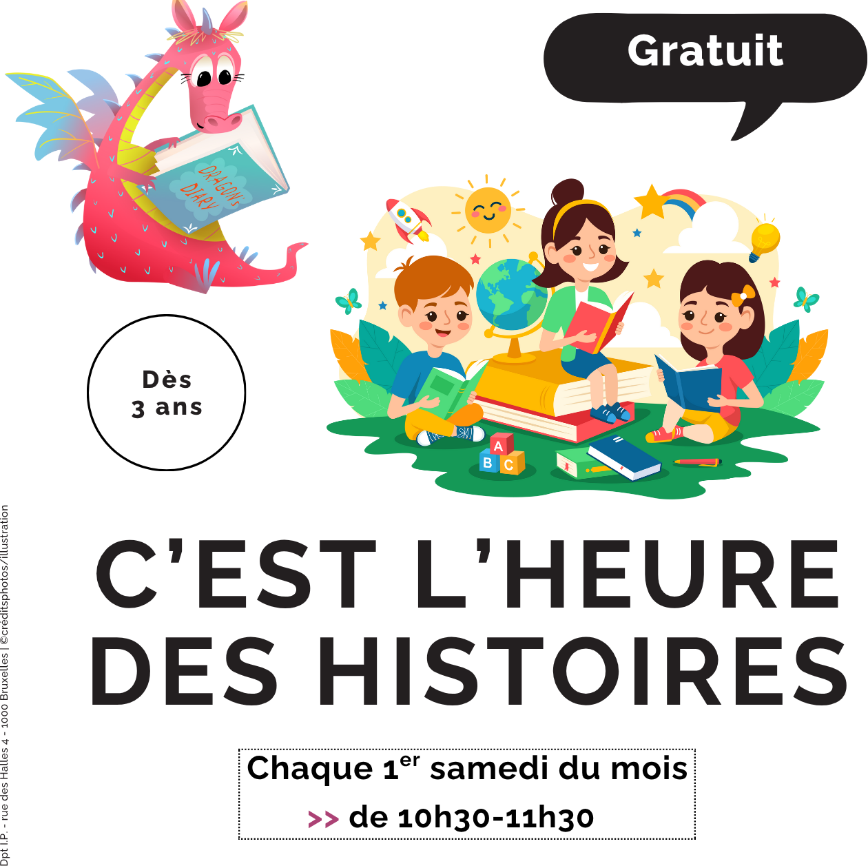 Groupe d'enfants et un dragon lisant un livre ensemble