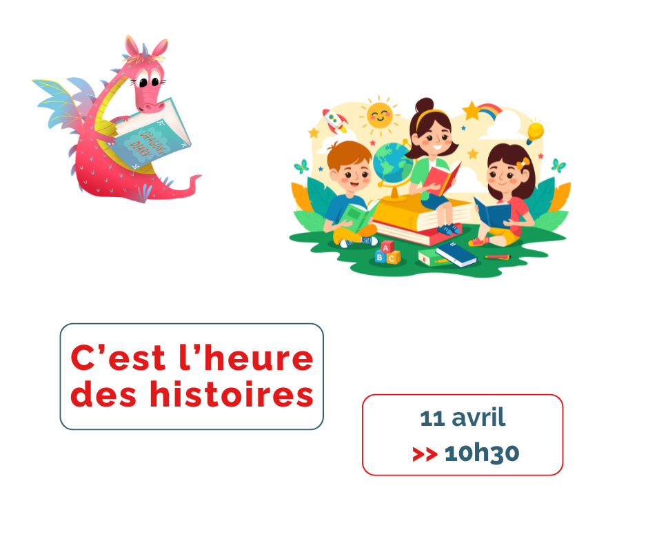 Affiche avec des enfants et un dragon partageant des histoires