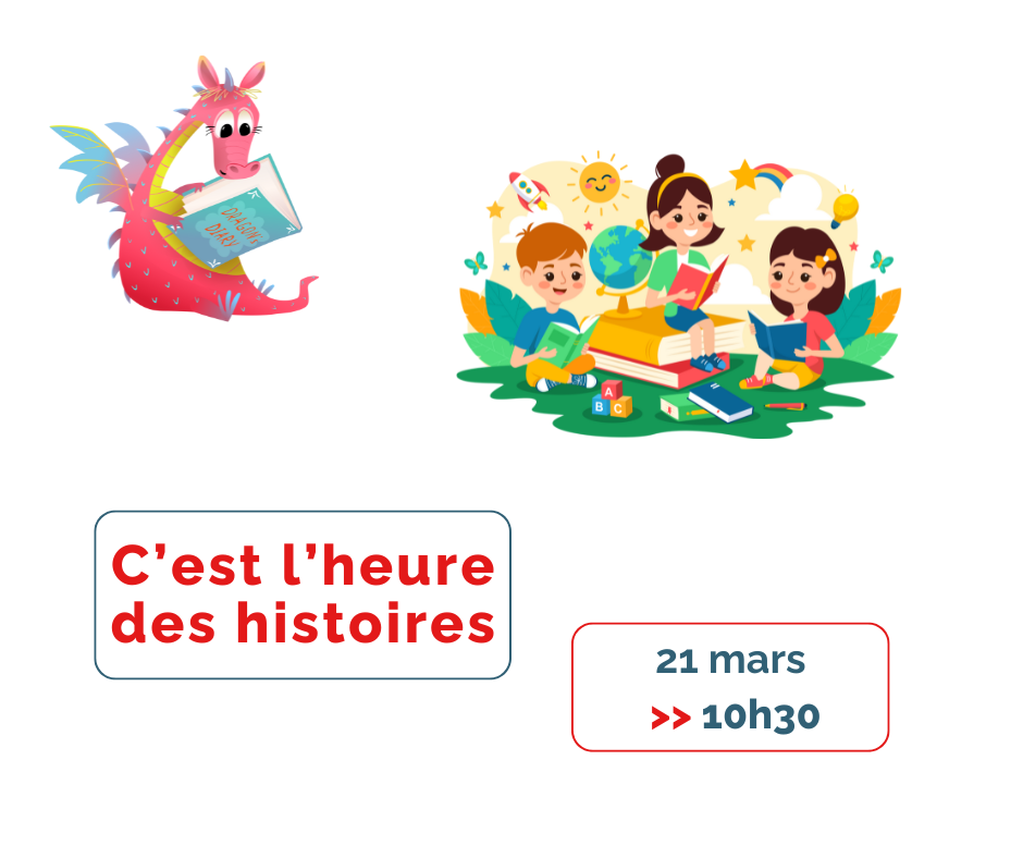 Affiche avec des enfants et un dragon partageant des histoires