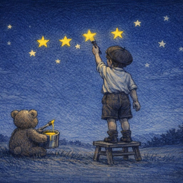 Illustration générée par IA d'un enfant dessiant des étoiles.