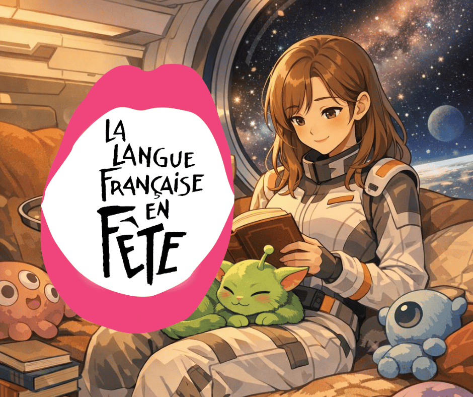 Une jeune femme lisant des livres dans un vaisseau spatial confortable.