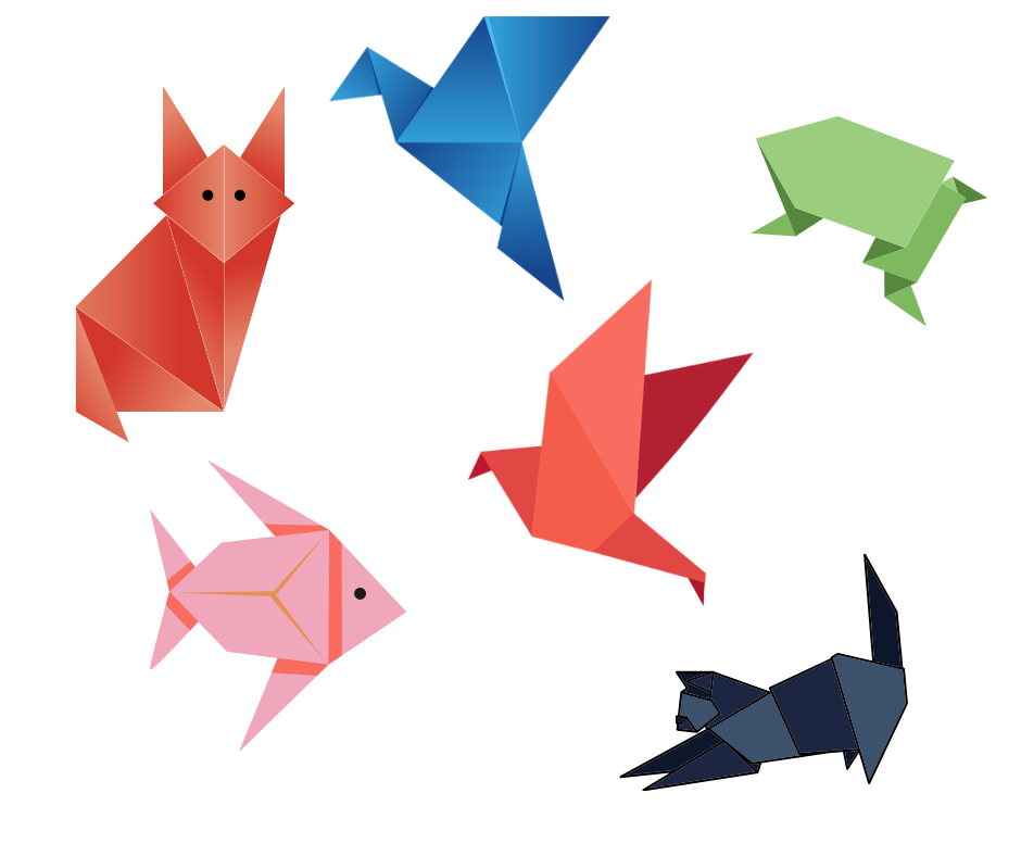 Diverse figure en origami sur fond blanc
