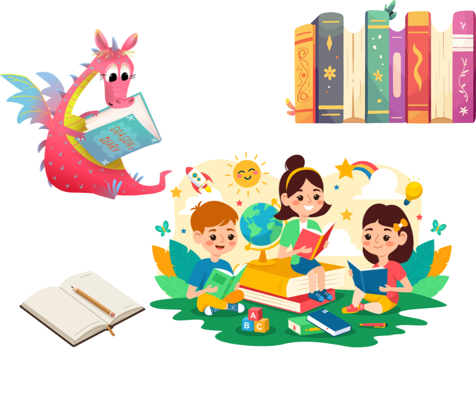 Livres, dragon et enfants lisant ensemble des livres