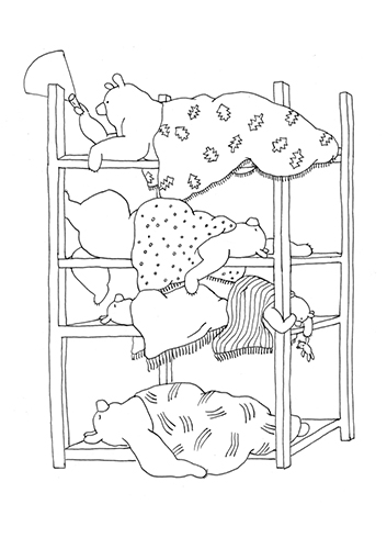 Dessin à colorier proposé par Marine Schneider. Sac de rando et différents accessoires ; issu de Hiro, hiver et marshmallows (Ed. Versant sud)