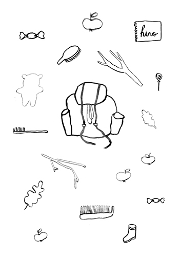 Dessin à colorier proposé par Marine Schneider. Sac de rando et différents accessoires ; issu de Hiro, hiver et marshmallows (Ed. Versant sud)